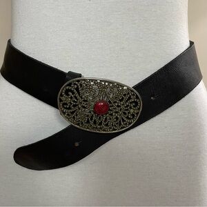 Women's OLGA SANTINI Brown Leather WESTERN Oval Buckle BOHO Waist Hip BELT 28-32